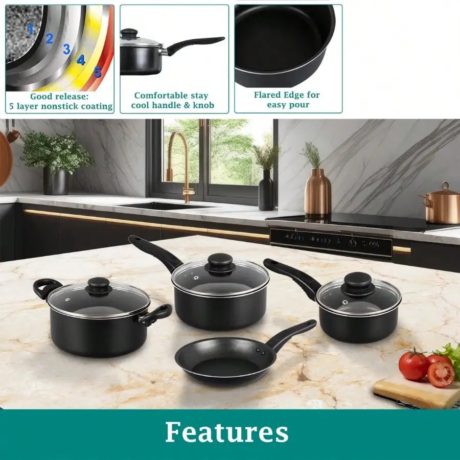 Nonstick Pots And Pans Cookware Set With Tempered Glass Lids
