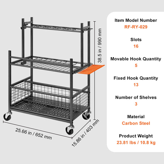 Garden Tool Organizer Rack With Hooks And Wheels For Garage Storage