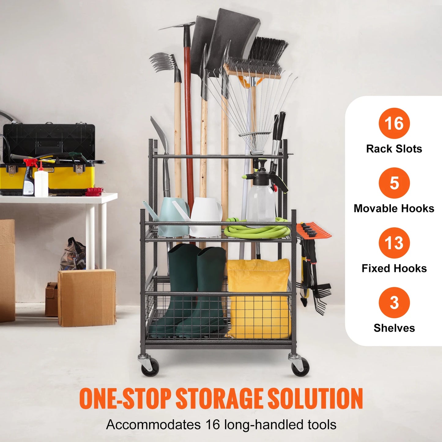 Garden Tool Organizer Rack With Hooks And Wheels For Garage Storage