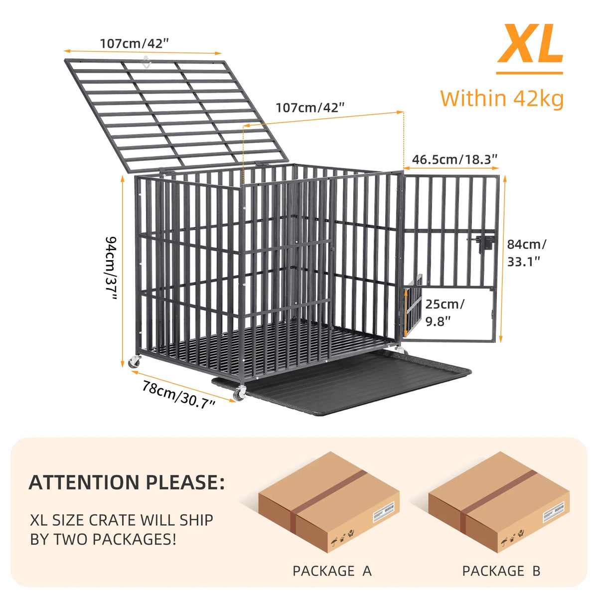 Bingopaw Heavy Duty Metal Dog Crate With Lockable Wheels Tray