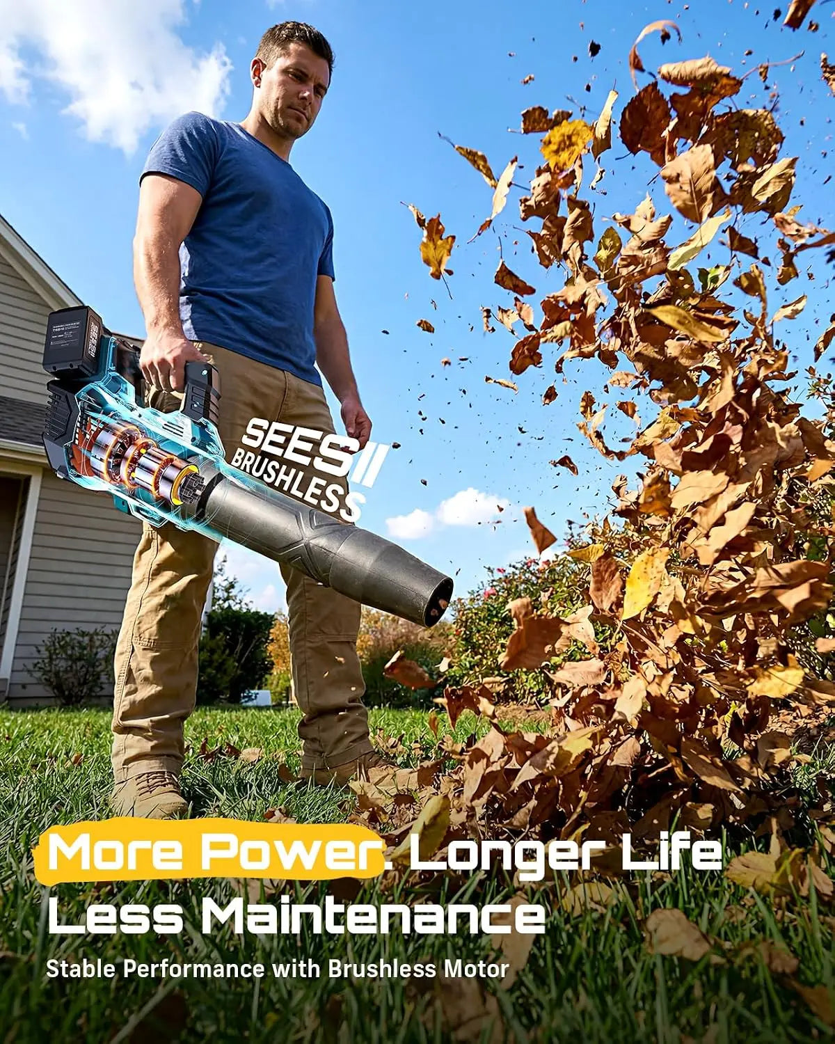 SeeSii Brushless Cordless Turbo Leaf Blower With Dual Battery Power