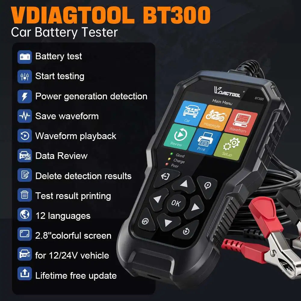 2026 New VDIAGTOOL BT300 5-3000 CCA  Car Battery Tester 6V/12V Battery System Detect Auto Battery Analyzer Car Battery Tool