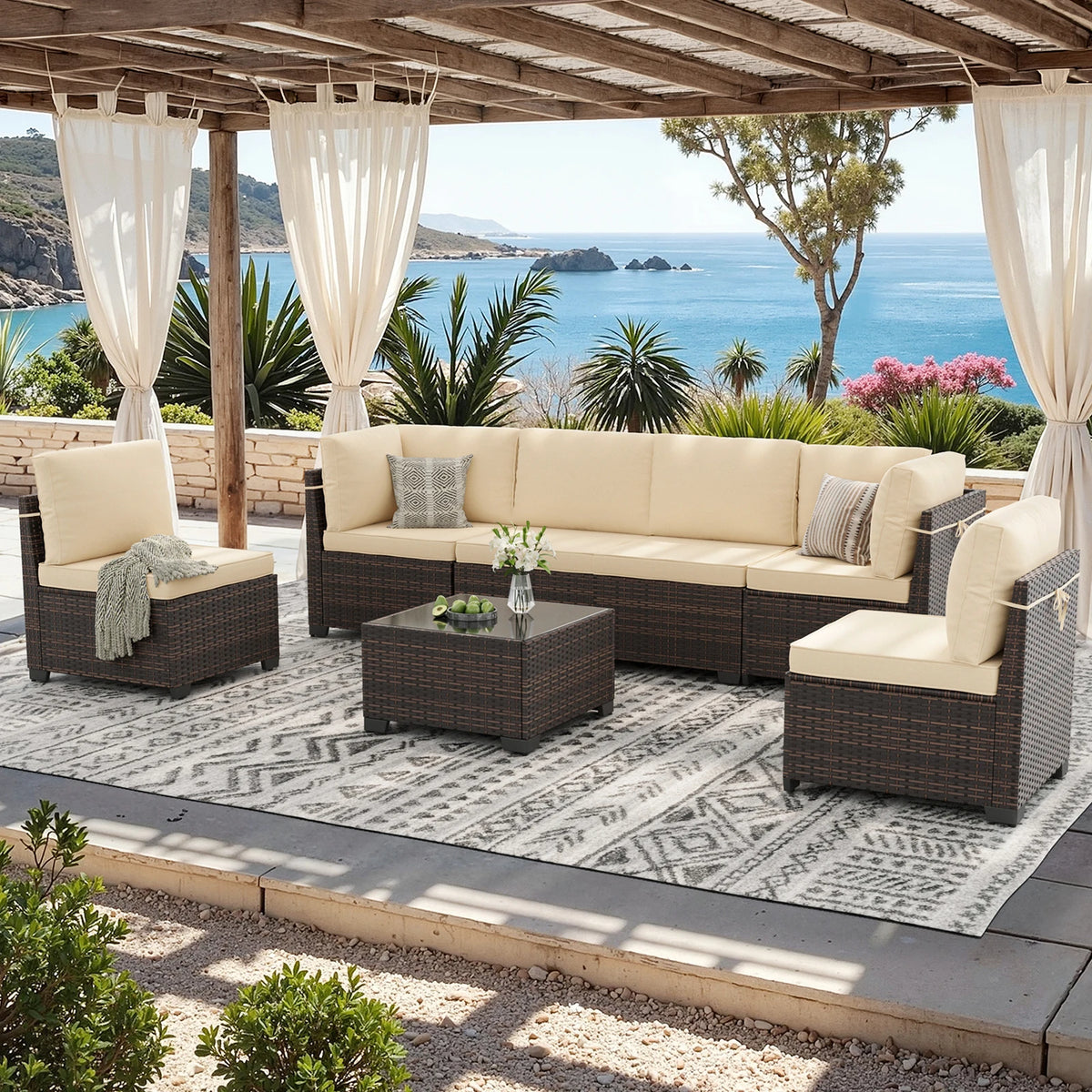 7 Piece Outdoor Rattan Patio Furniture Conversation Set Sectional