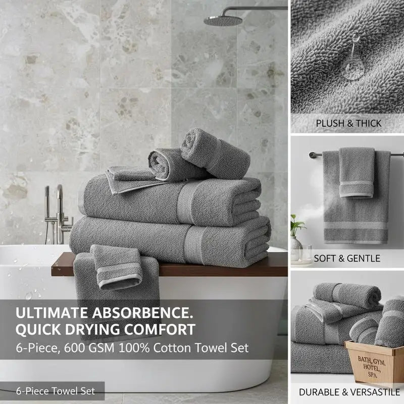 Premium 6 Piece Cotton Towel Set Highly Absorbent Quick Dry