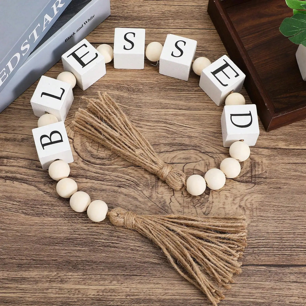 Wood Letter Block Bead Garland With Tassels For Farmhouse Decor