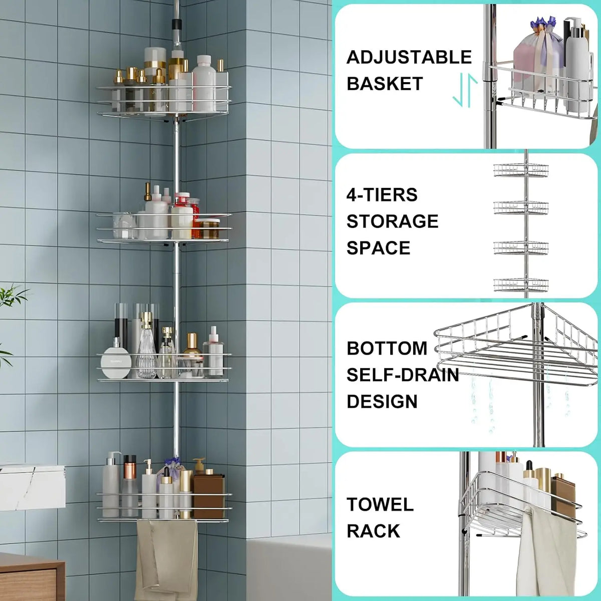 Four Layer Stainless Steel Bathroom Corner Shower Tension Pole Rack
