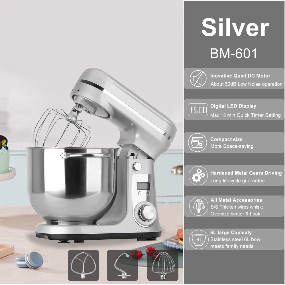 BioloMix Quiet Motor Tilt Head Stand Mixer Six Speed Control