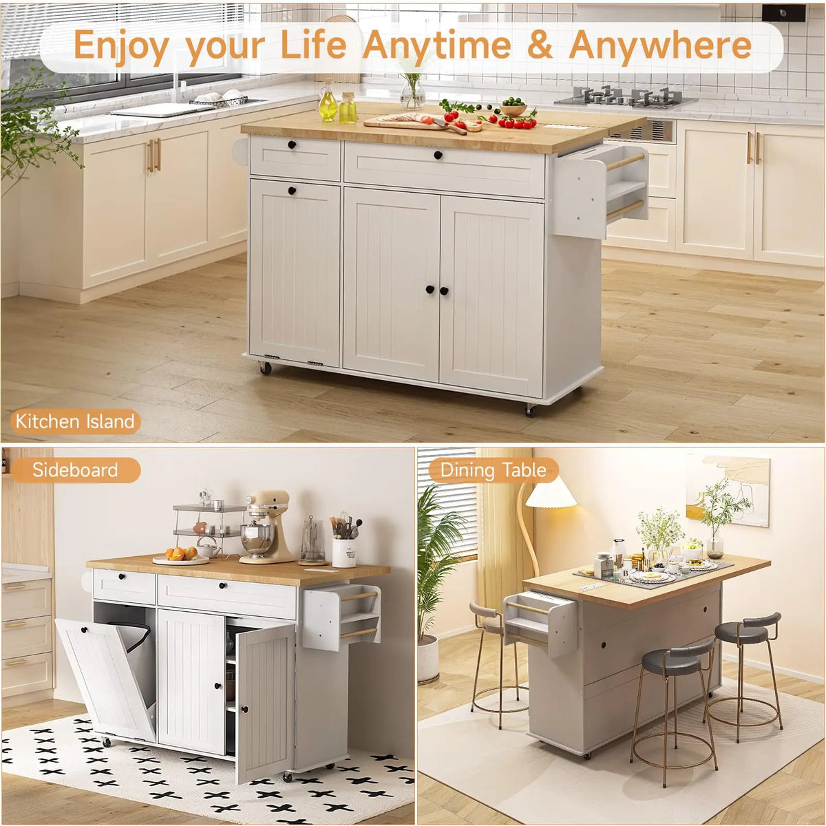 Onbrill Wood Mobile Kitchen Island With Power Outlet Rack