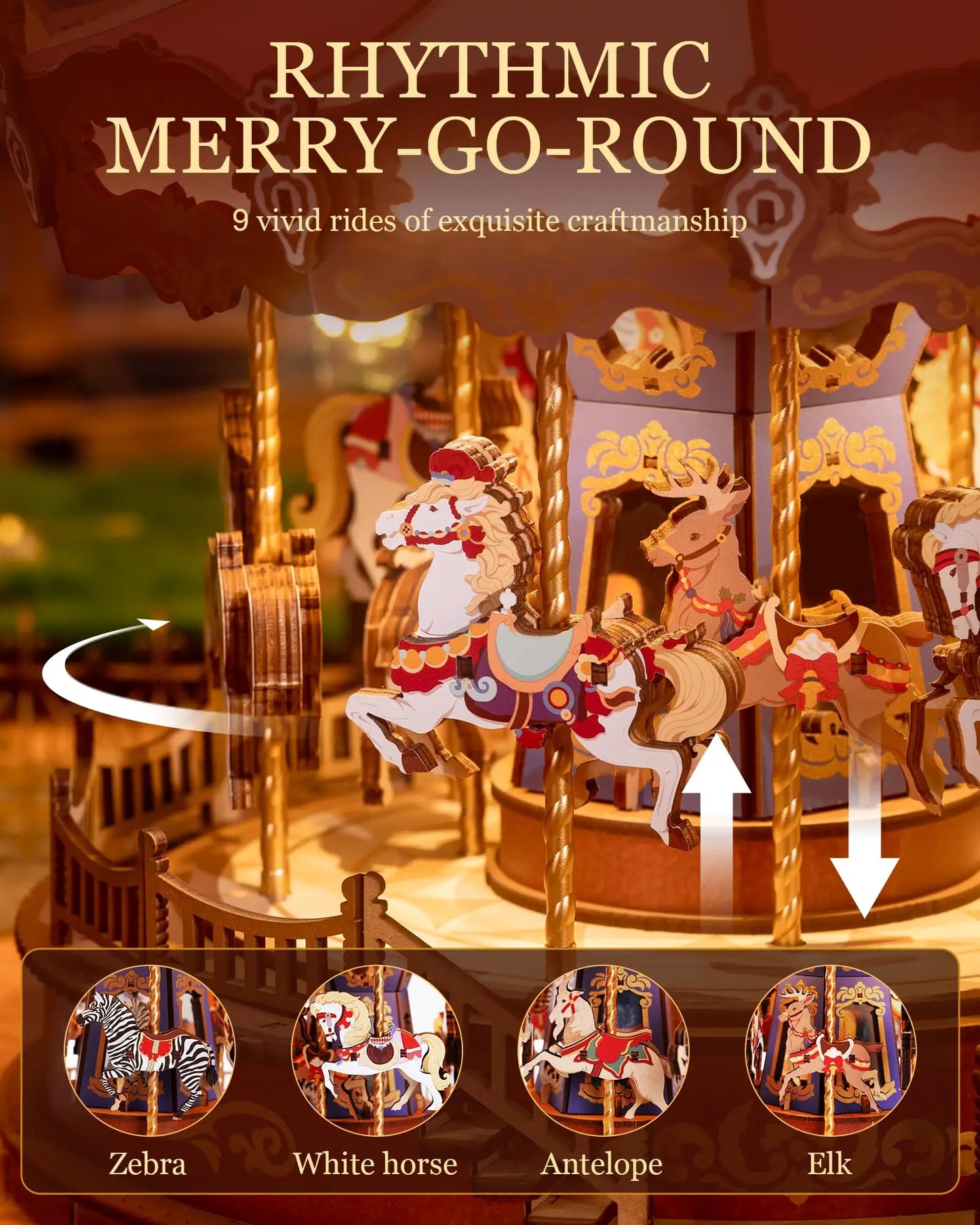 Robotime Rolife Classic Carousel Music Boxes 3D Wooden Puzzle With Lights