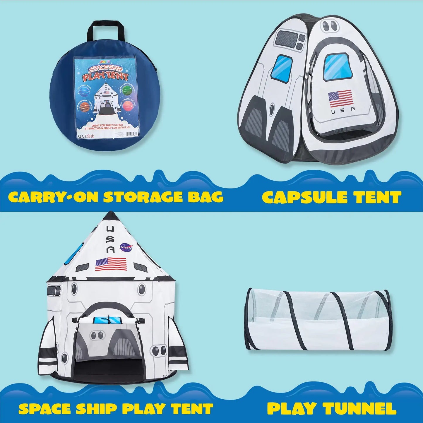 Joyfy Rocket Ship Play Tent Set With Tunnel 3 Piece Kids Playhouse Birthday Gift