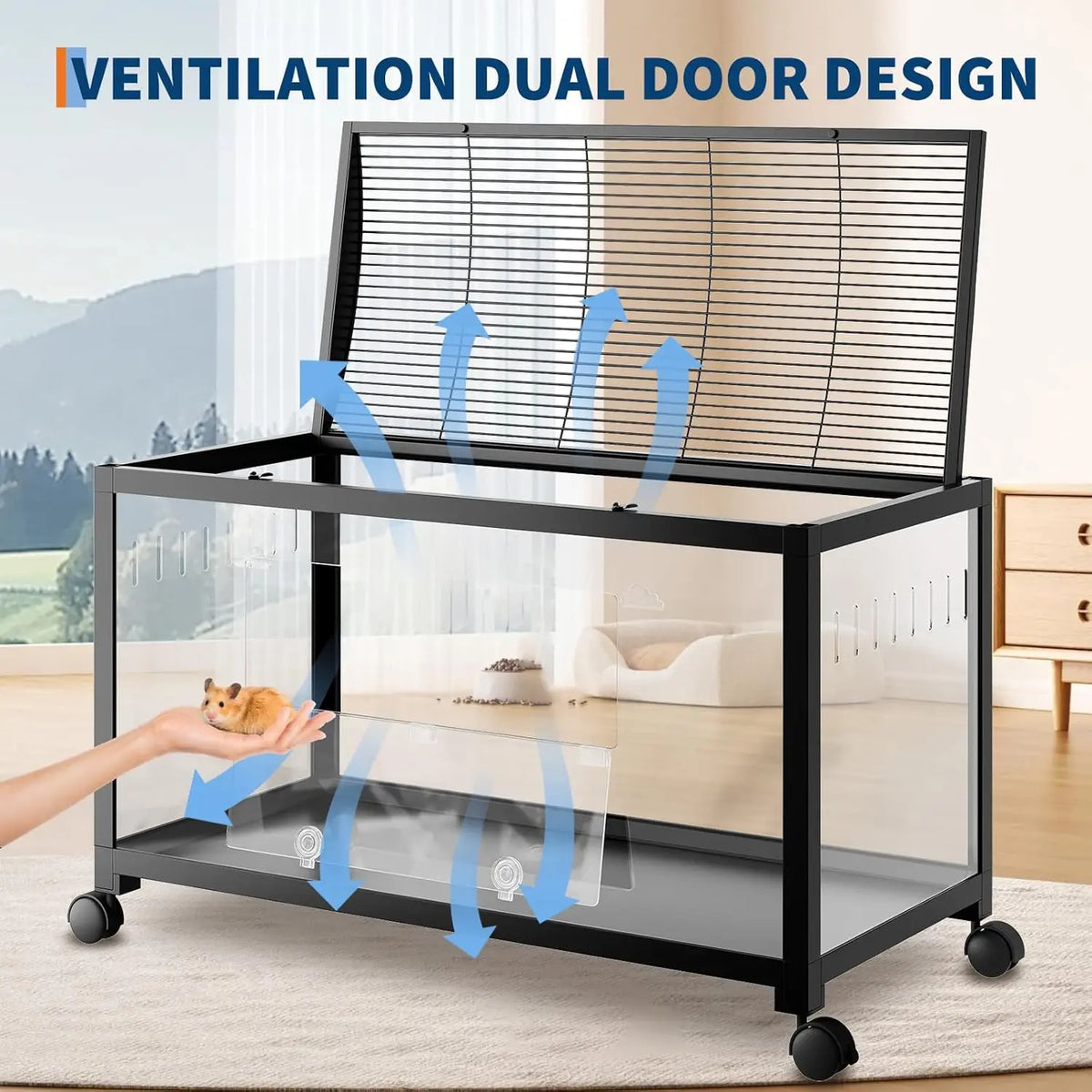 HiMISS Hamster Cage With Running Wheel And Glass Bottom