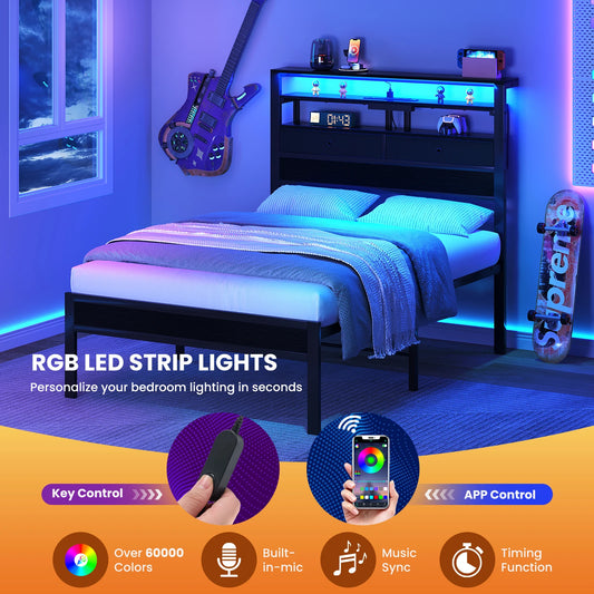 JHK Metal Platform Bed Frame With Storage And LED Lighting