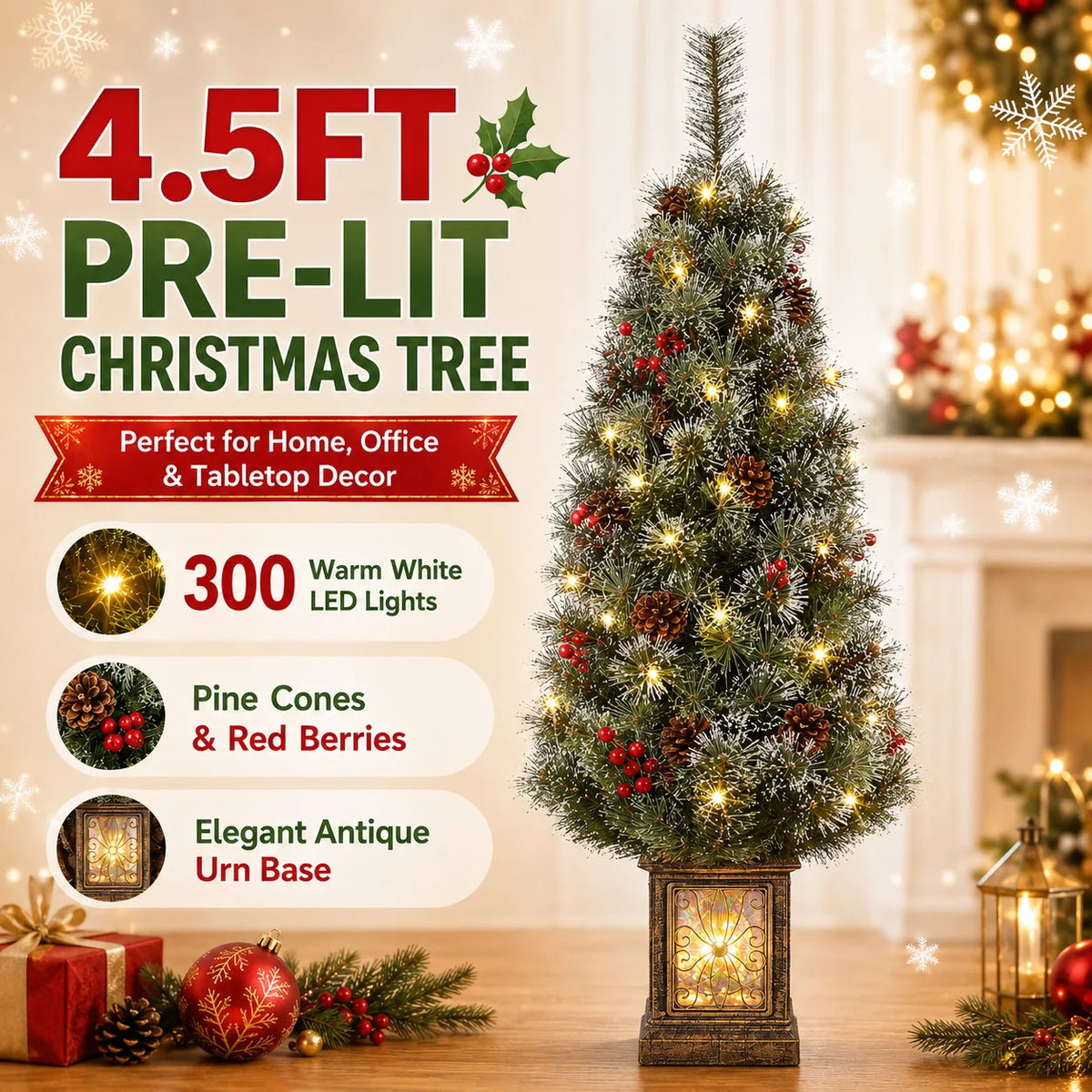 Prelit Christmas Tree With LED Lights And Antique Urn Base