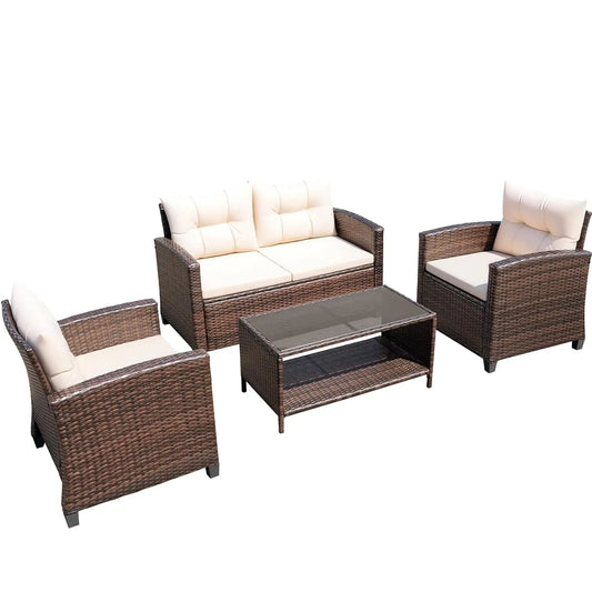 All-Weather Outdoor Patio Rattan Conversation Set With Glass Coffee Table