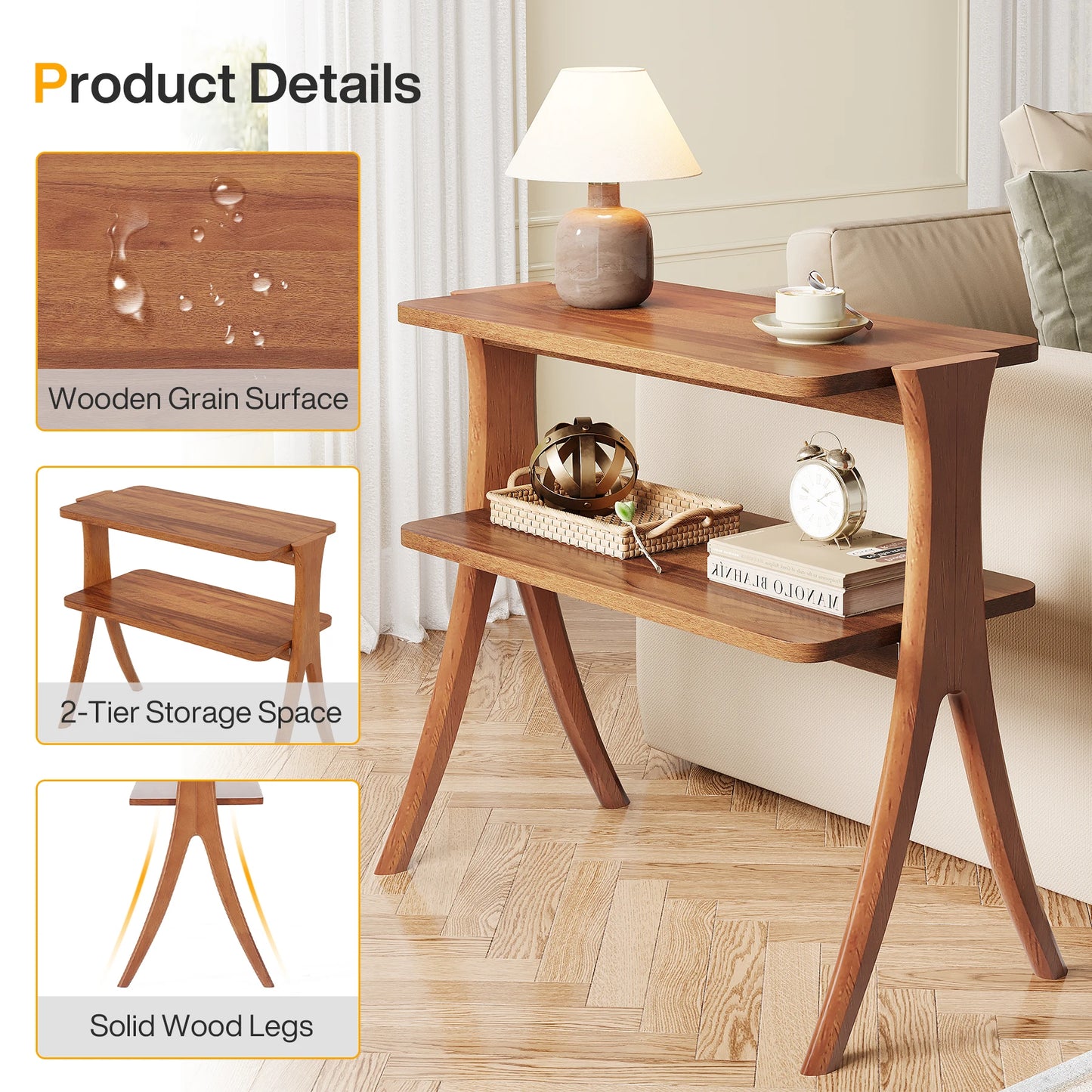 Tribesigns Walnut Side Table With 2-Tier Storage And Wood Legs