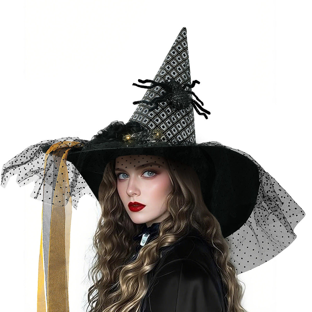 Womens Halloween Witch Hat with Lace Feather and LED Decor