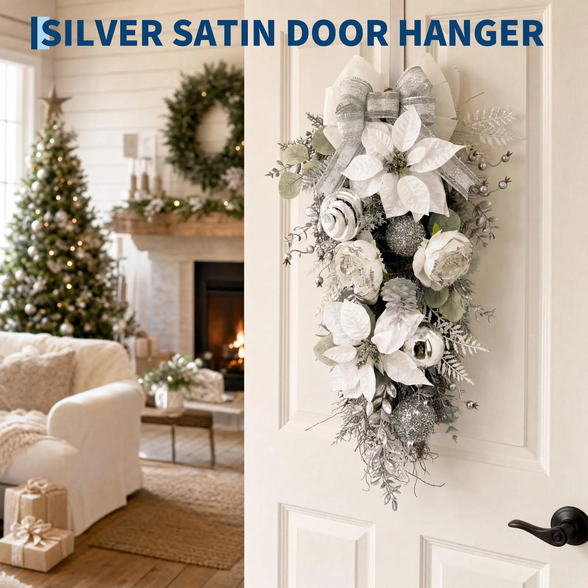 HiMISS Frosted Pine Christmas Teardrop Swag With Roses And Poinsettia