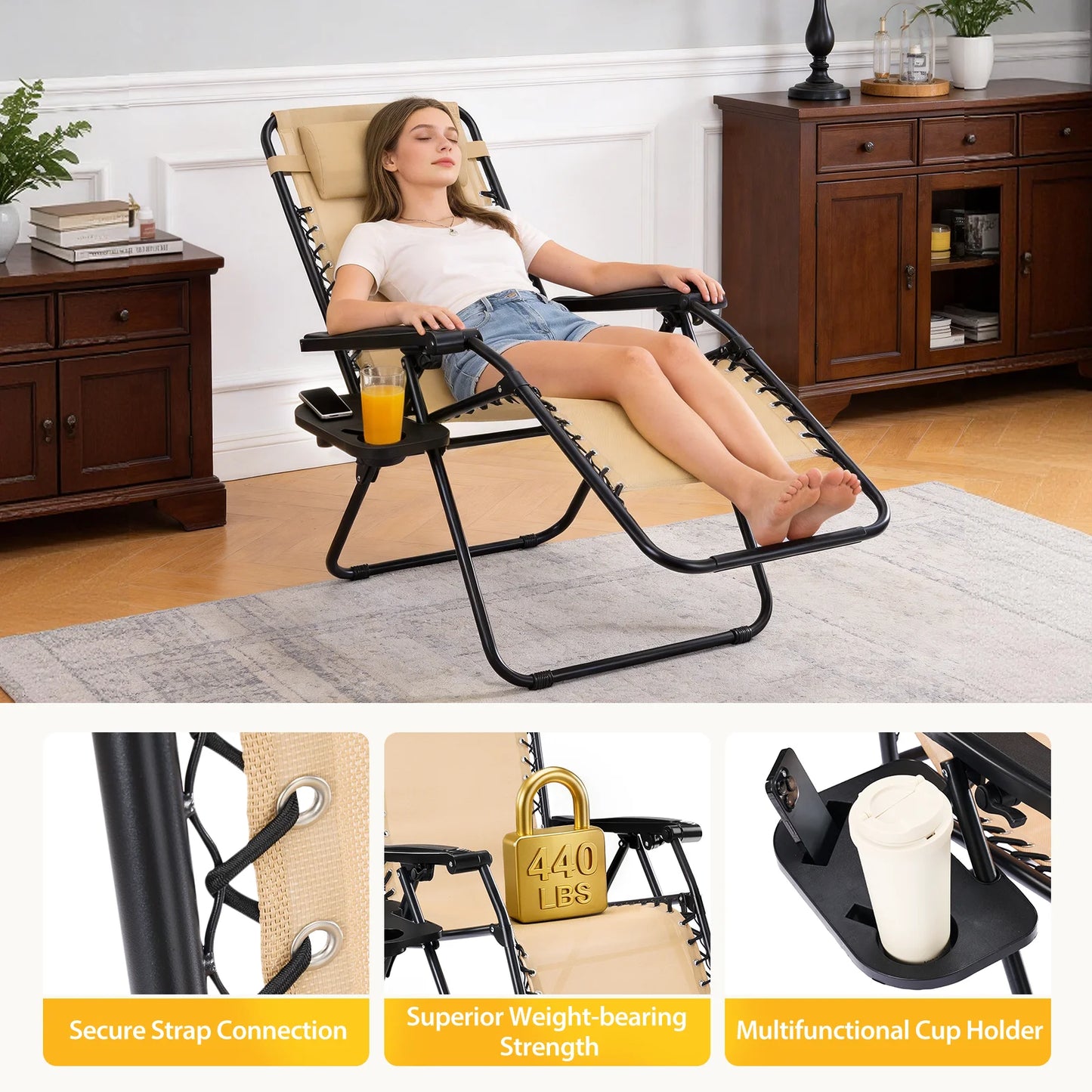 JHK Portable Zero Gravity Recliner Chairs Outdoor With Cup Holders