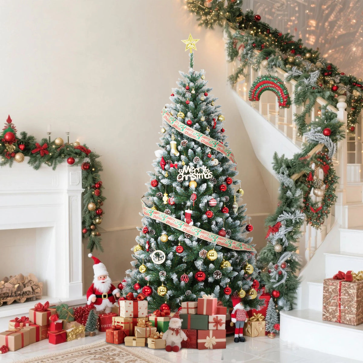 Prelit Slim Pencil Christmas Tree With Flocked Branches And Pinecones