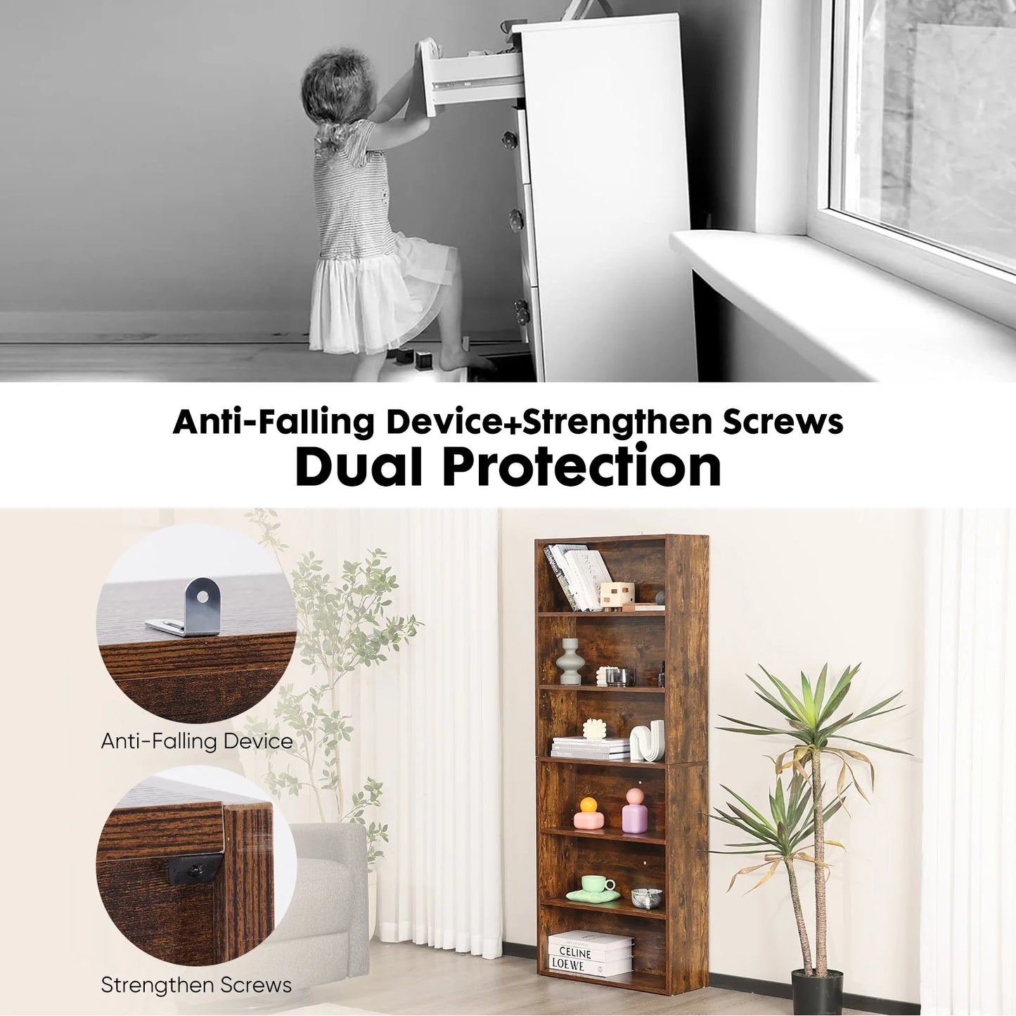 JHK 6-Tier Wooden Bookcase Floor Standing Open Bookshelf