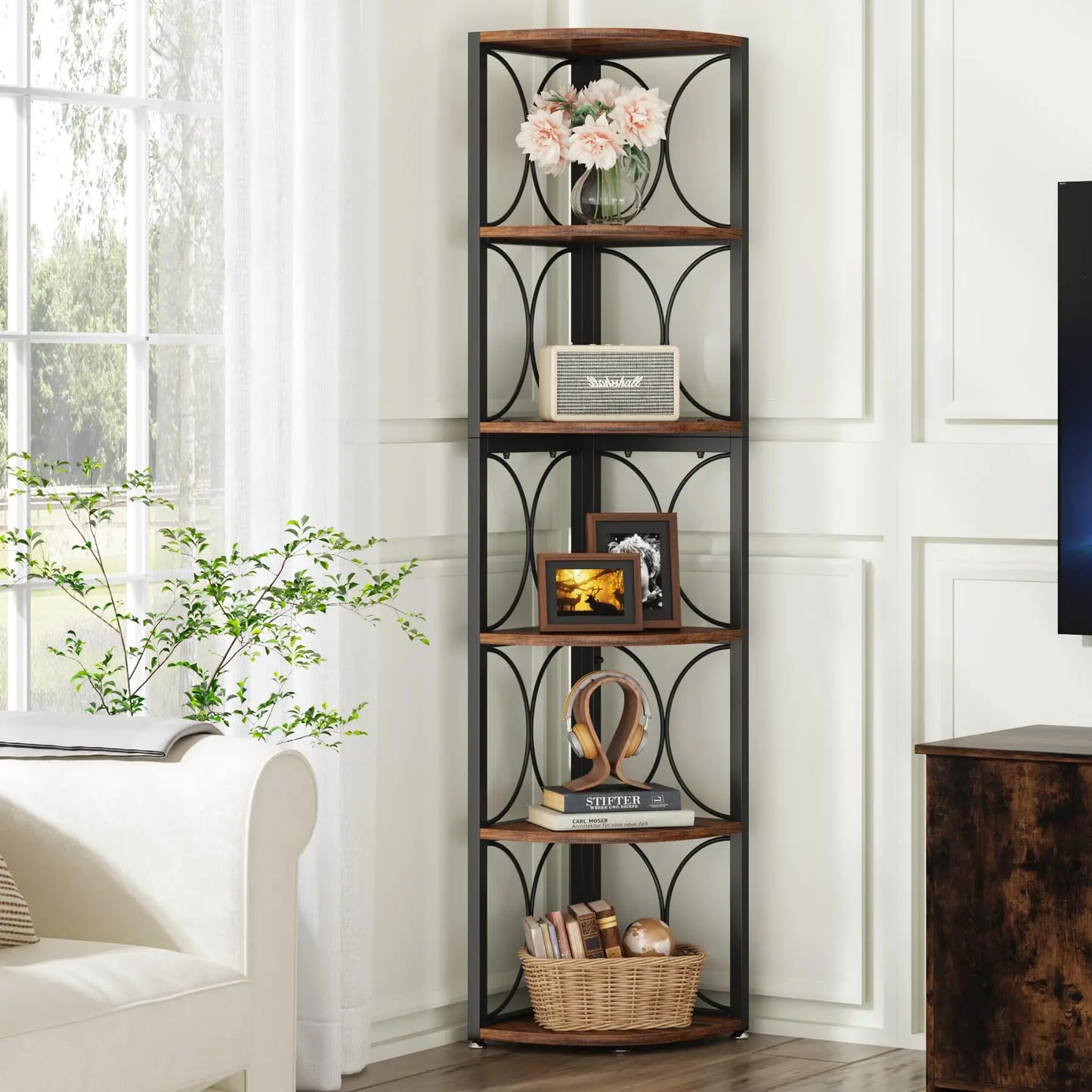 Tribesigns Tall Corner Shelf Unit Rustic Wood Bookshelf Storage