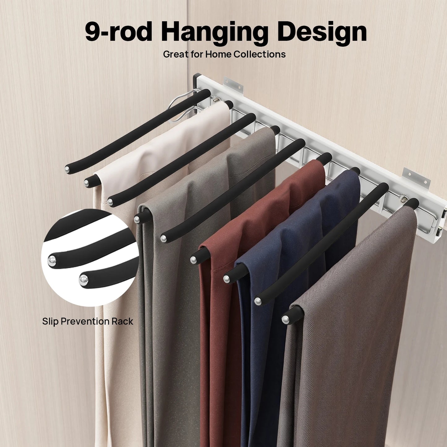 Bymaocar Pull Out Pants Rack 9 Rods Retractable Wardrobe Organizer