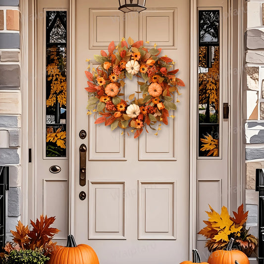 WAIPFARU Artificial Fall Wreath With Pumpkin For Front Door Decor