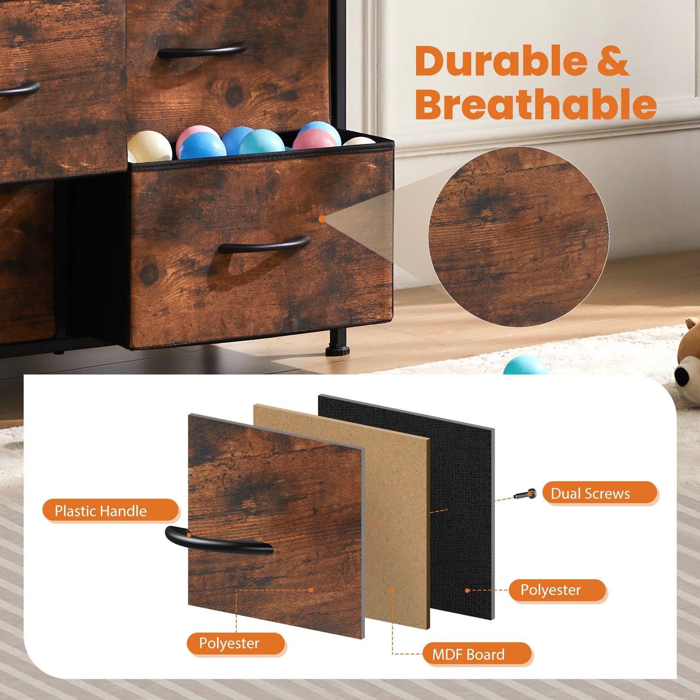 JHK Bedside Table With Fabric Drawers And Metal Frame