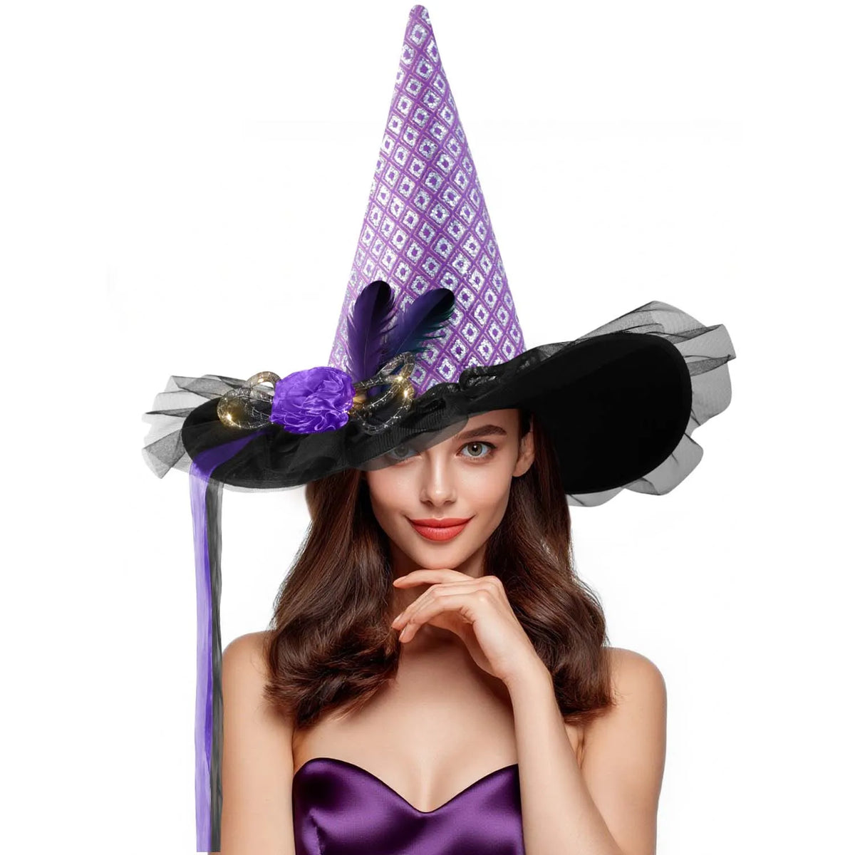 Womens Halloween Witch Hat with Lace Feather and LED Decor