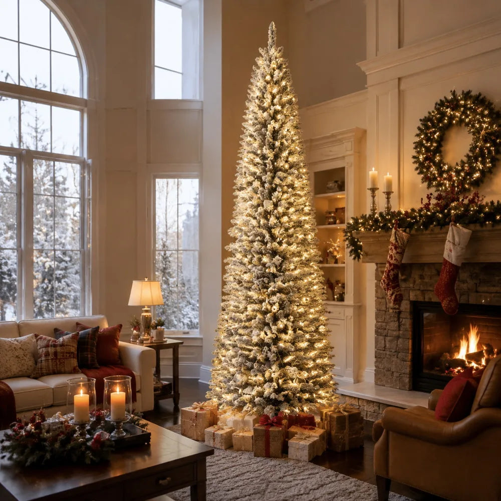 Snow Flocked Slim Prelit Christmas Tree With Warm Lights