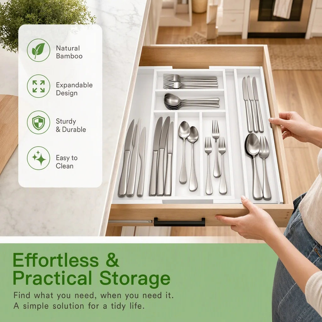 Expandable Bamboo Drawer Organizer For Kitchen Utensils And Silverware Storage