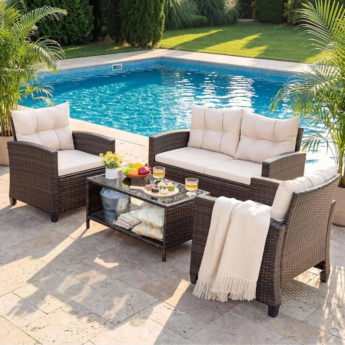 All-Weather Outdoor Patio Rattan Conversation Set With Glass Coffee Table