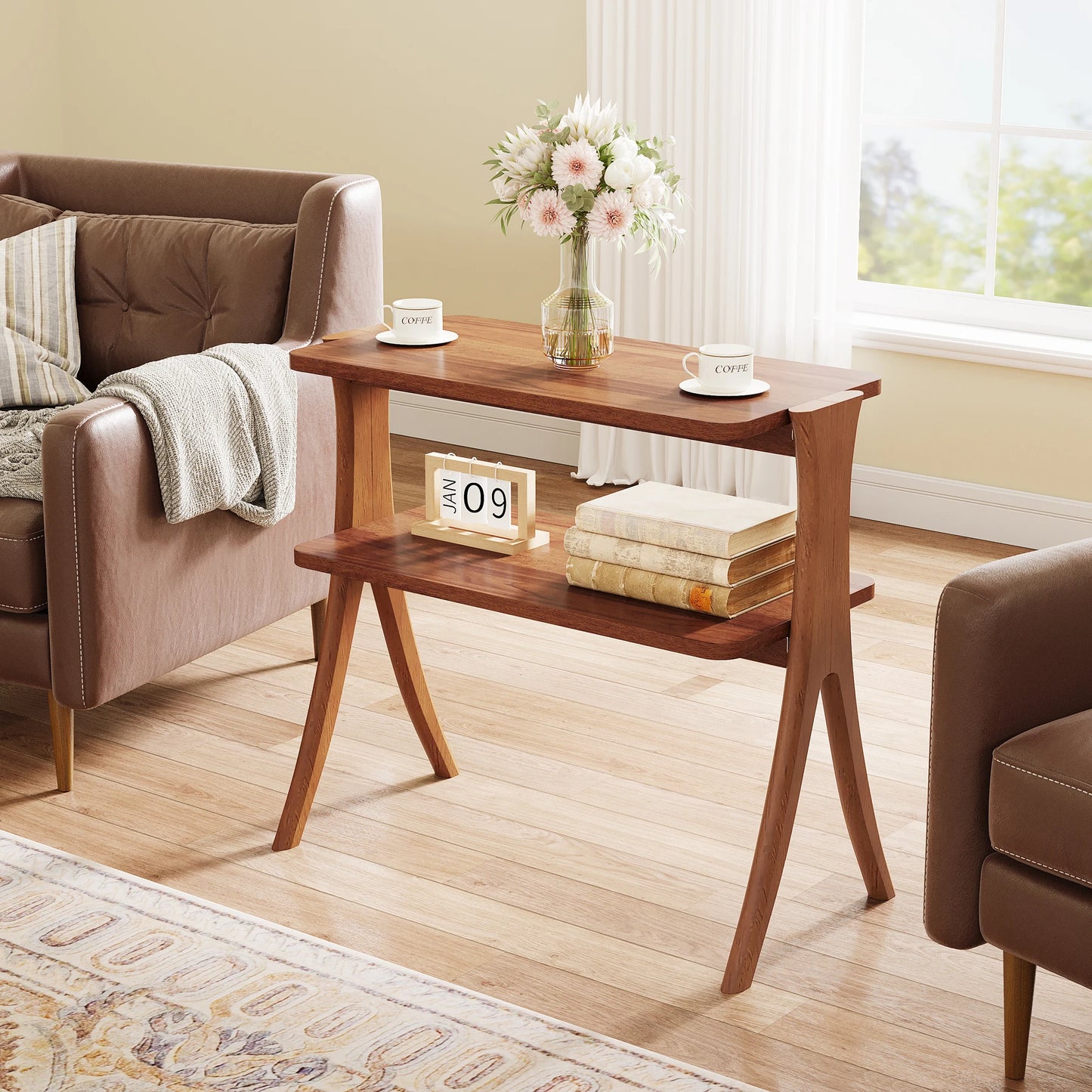 Tribesigns Walnut Side Table With 2-Tier Storage And Wood Legs