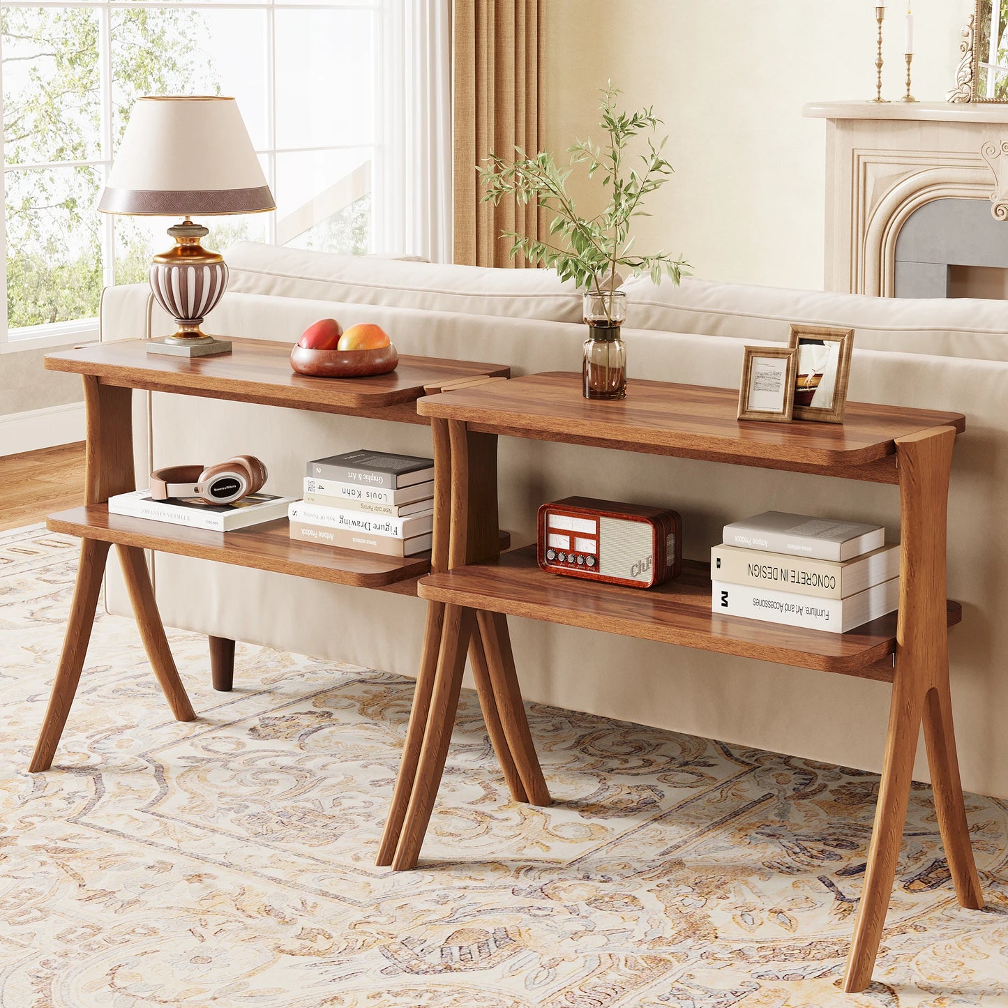 Tribesigns Walnut Side Table With 2-Tier Storage And Wood Legs