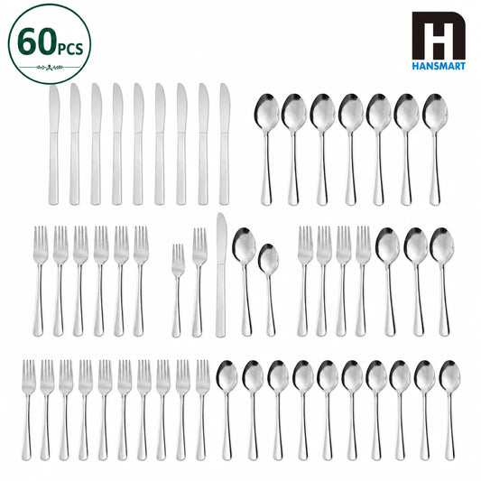 HanSMART 60 Piece Stainless Steel Ribbed Handle Flatware Set