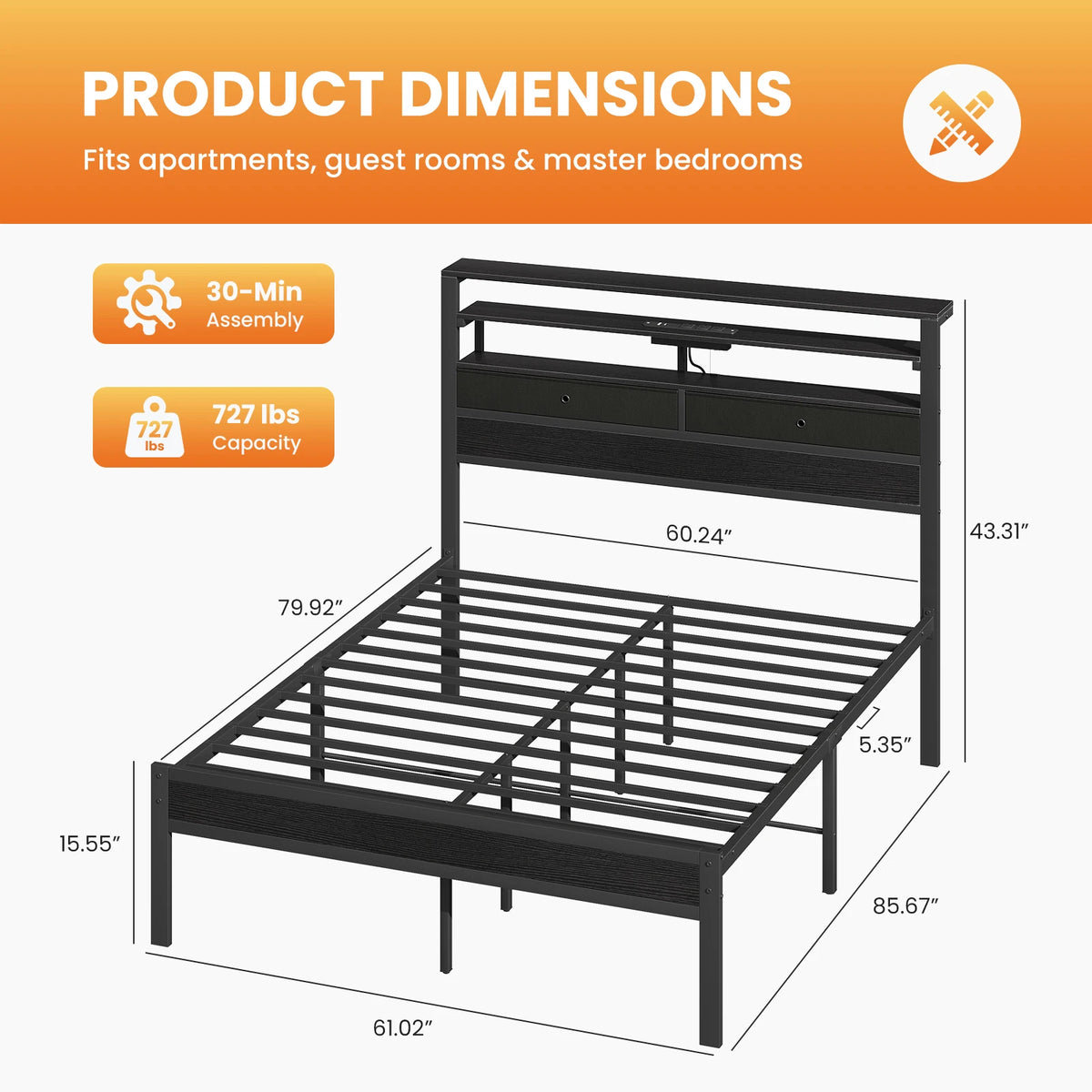 JHK Metal Platform Bed Frame With Storage And LED Lighting