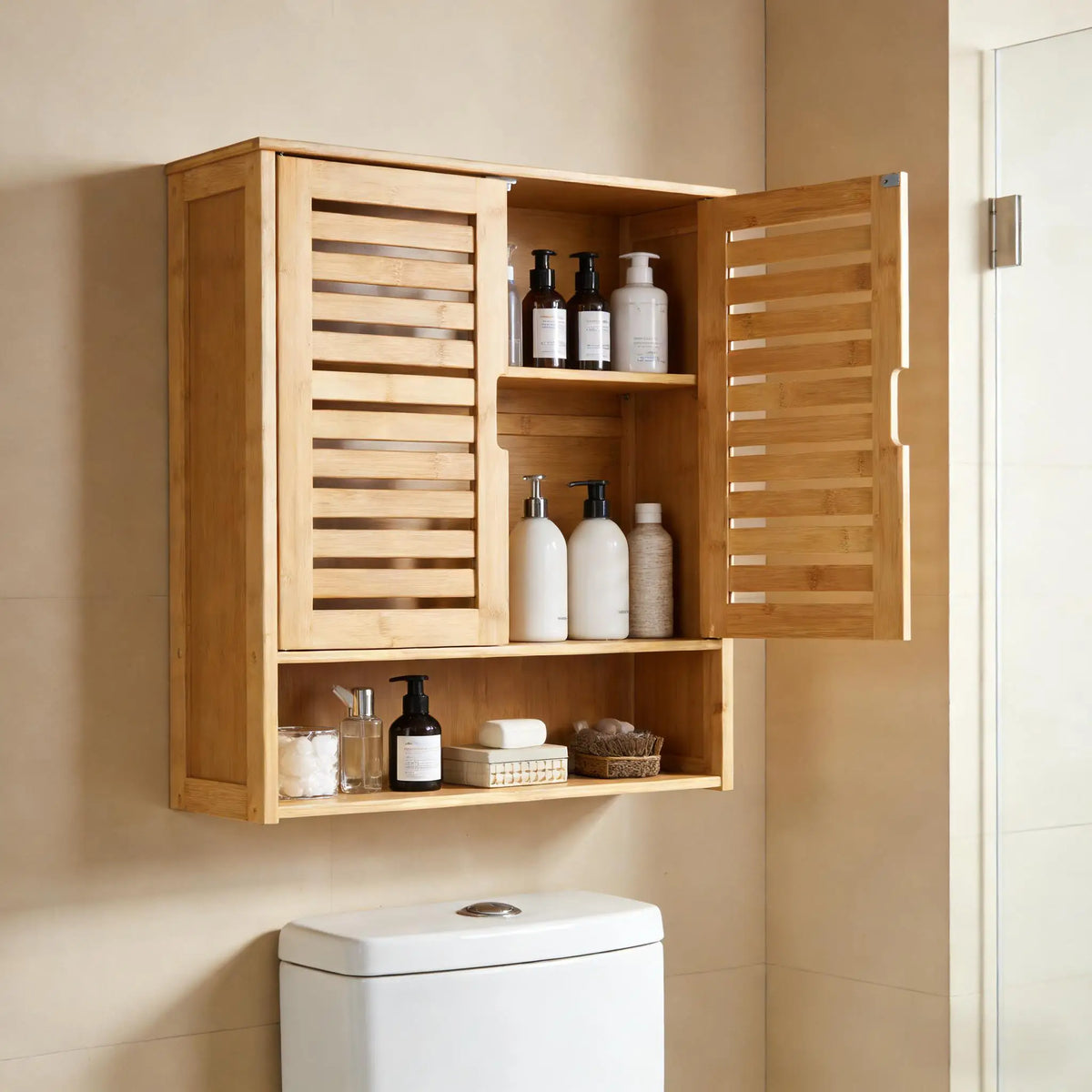 Wisfor Bamboo Bathroom Wall Cabinet With Doors And Open Shelf