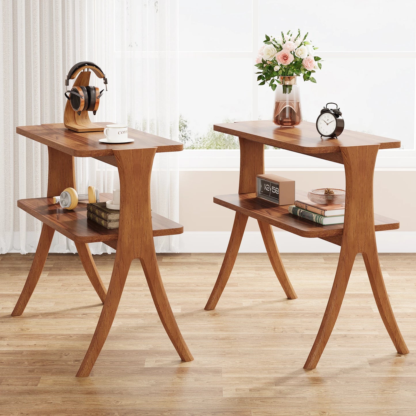Tribesigns Walnut Side Table With 2-Tier Storage And Wood Legs