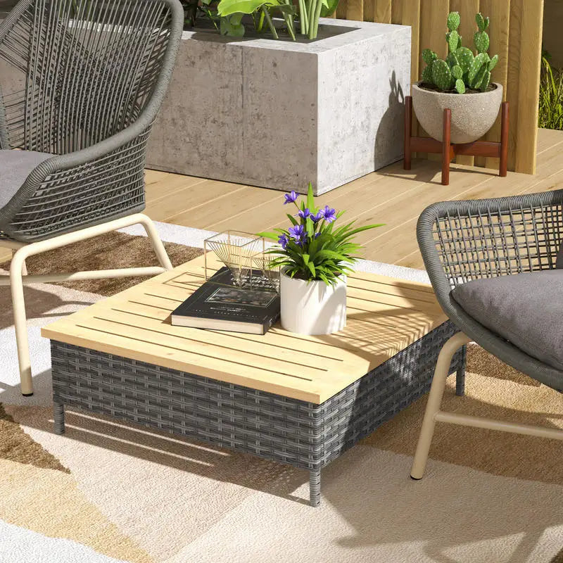 Outdoor PE Rattan Side Table With Natural Fir Wood Top Weather Resistant