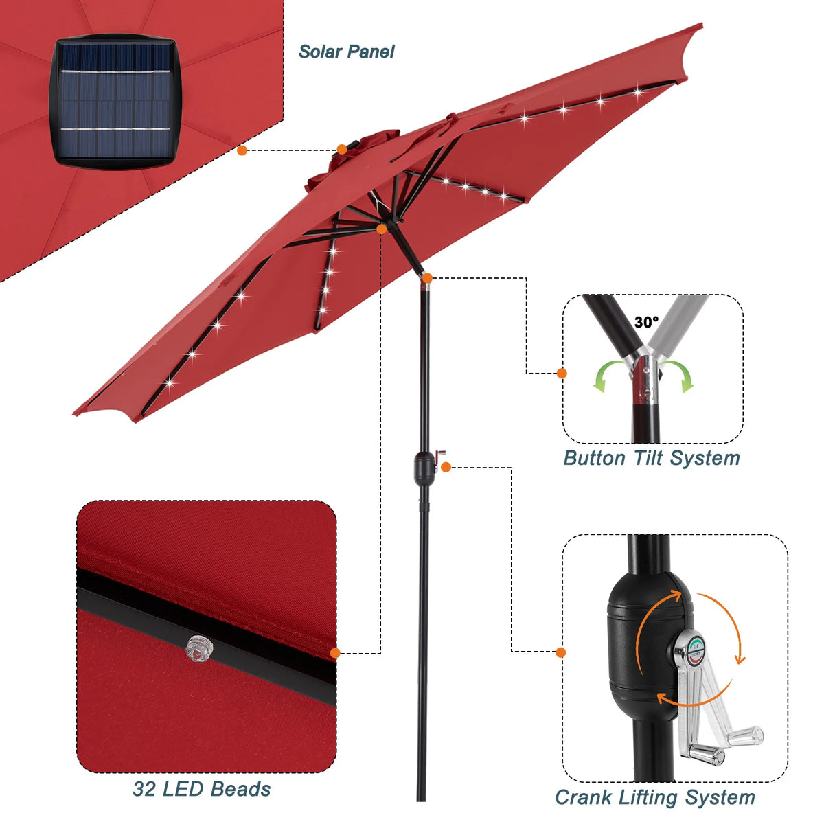 JHK Solar Patio Umbrella LED Lights UV Resistant Tilt Crank