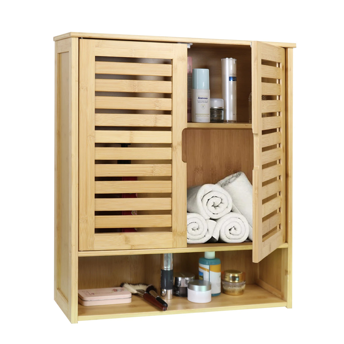 Wisfor Bamboo Bathroom Wall Cabinet With Doors And Open Shelf