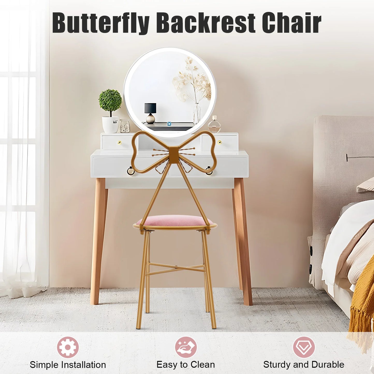 Bymaocar Butterfly Backrest Chair Metal Vanity Stool For Living Room